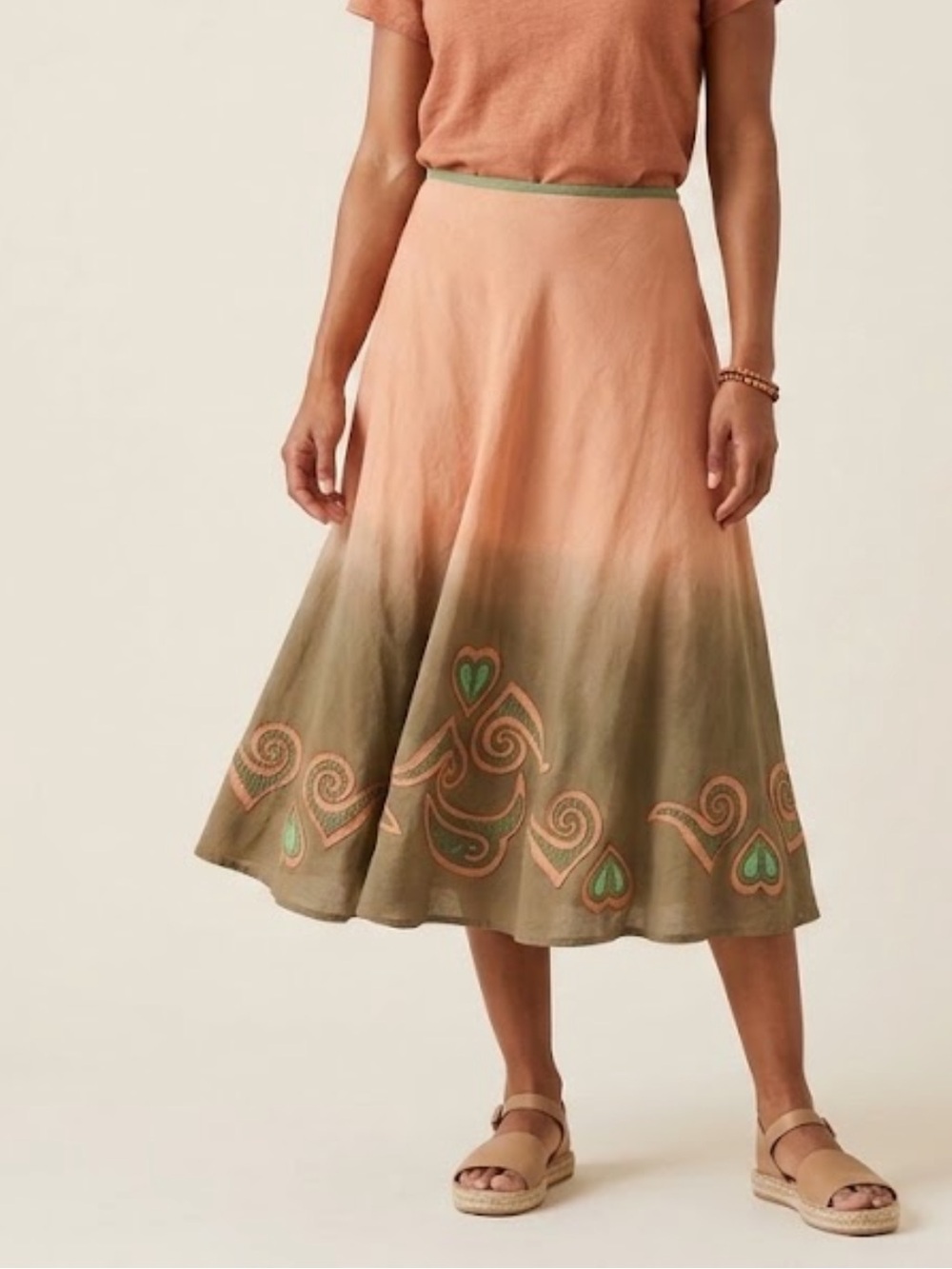 Women’s Ombre Maxi Skirt in Peach and Olive with Embroidered Hem